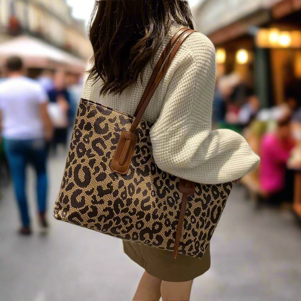 Leopard Print Leather Tote Bag