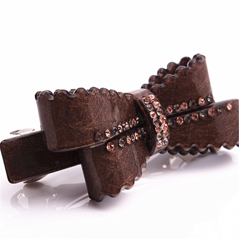 Gorgeous new arrival French rhinestone bow barrettes  Double leaf bow with rhinestone crystal detail. Perfect for daily life, parties, gifts and formal events    Size: 8.2cm x 3.2cm    Material: Acrylic acetate (eco-friendly/recyclable) & zinc alloy clip