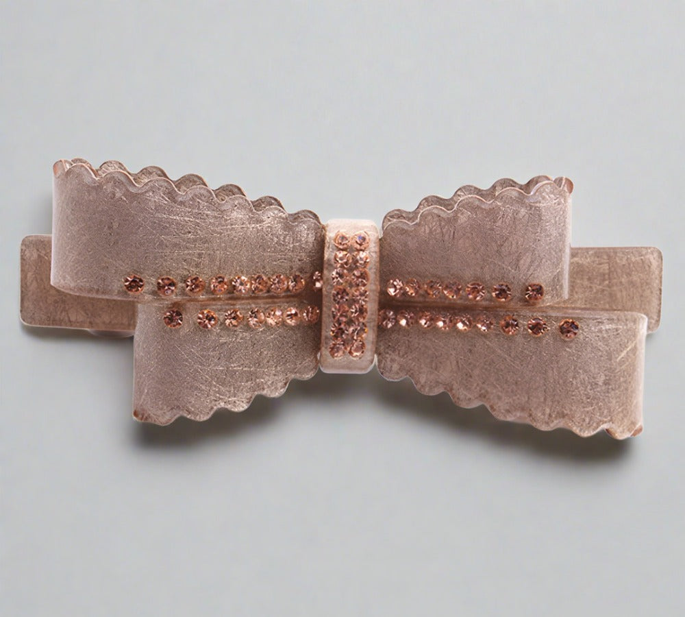 Gorgeous new arrival French rhinestone bow barrettes  Double leaf bow with rhinestone crystal detail. Perfect for daily life, parties, gifts and formal events    Size: 8.2cm x 3.2cm    Material: Acrylic acetate (eco-friendly/recyclable) & zinc alloy clip